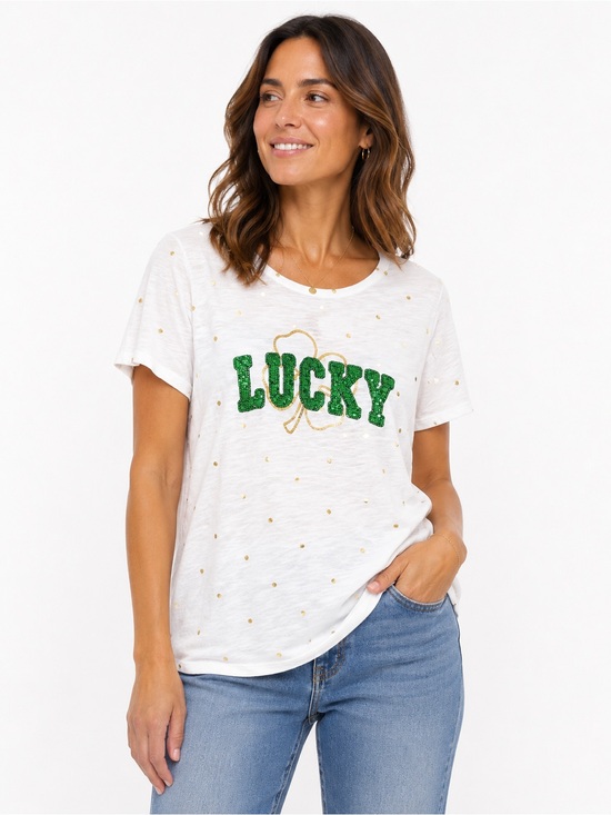 Kate Park Tops - Sequin 'LUCKY' Short Sleeve Tee - White & Green